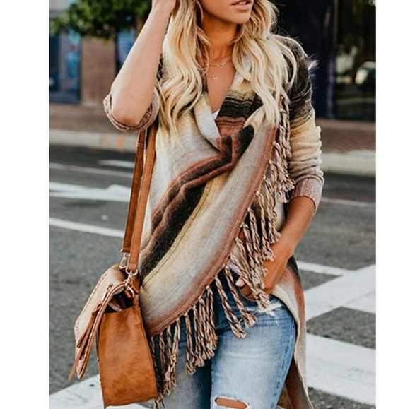 Sweaters - Open Front Color Stripe Slash Tassel Hem Cardigan